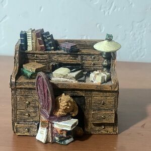 Figi Graphics Cat Books Desk Office Library Cozy Resin Trinket Vintage Box 3.5"